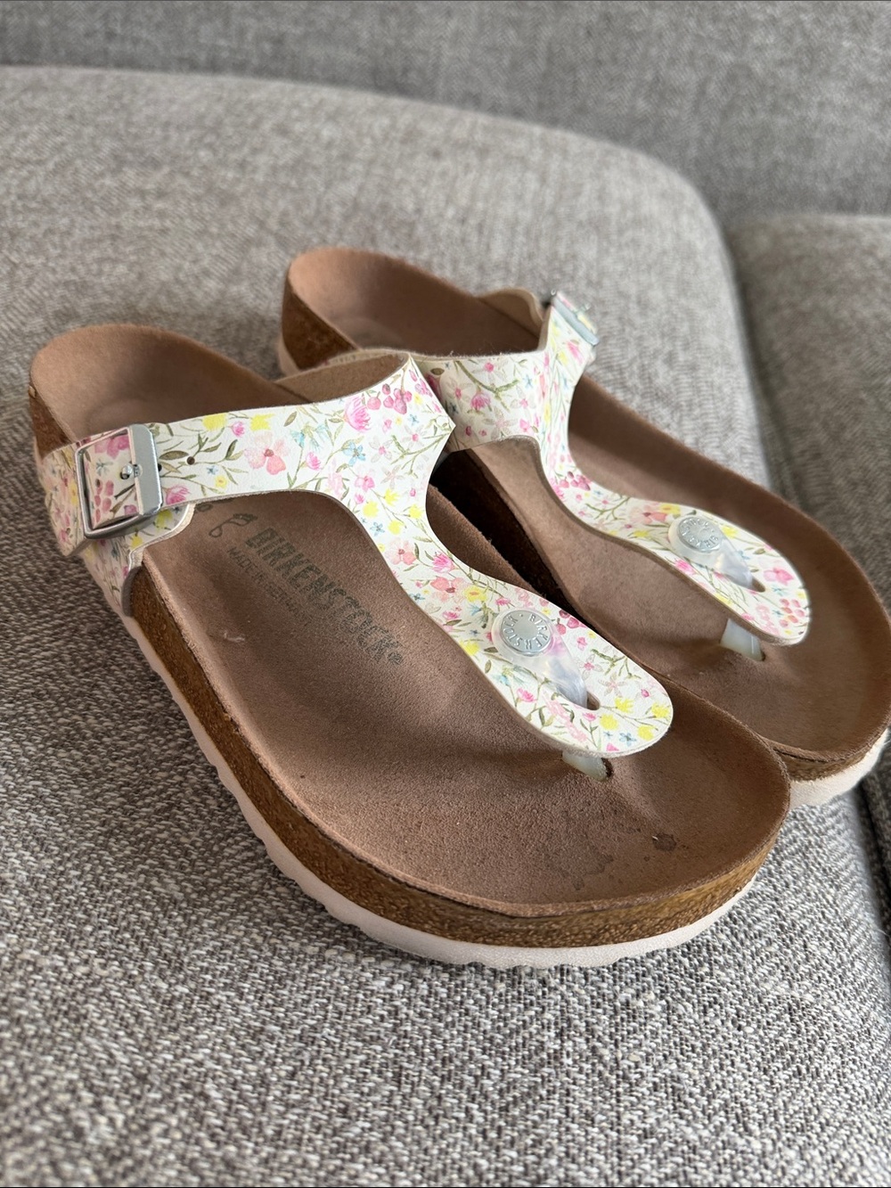 Birkenstock woman’s  Floral T-Strap Sandals - White/Pink/Yellow